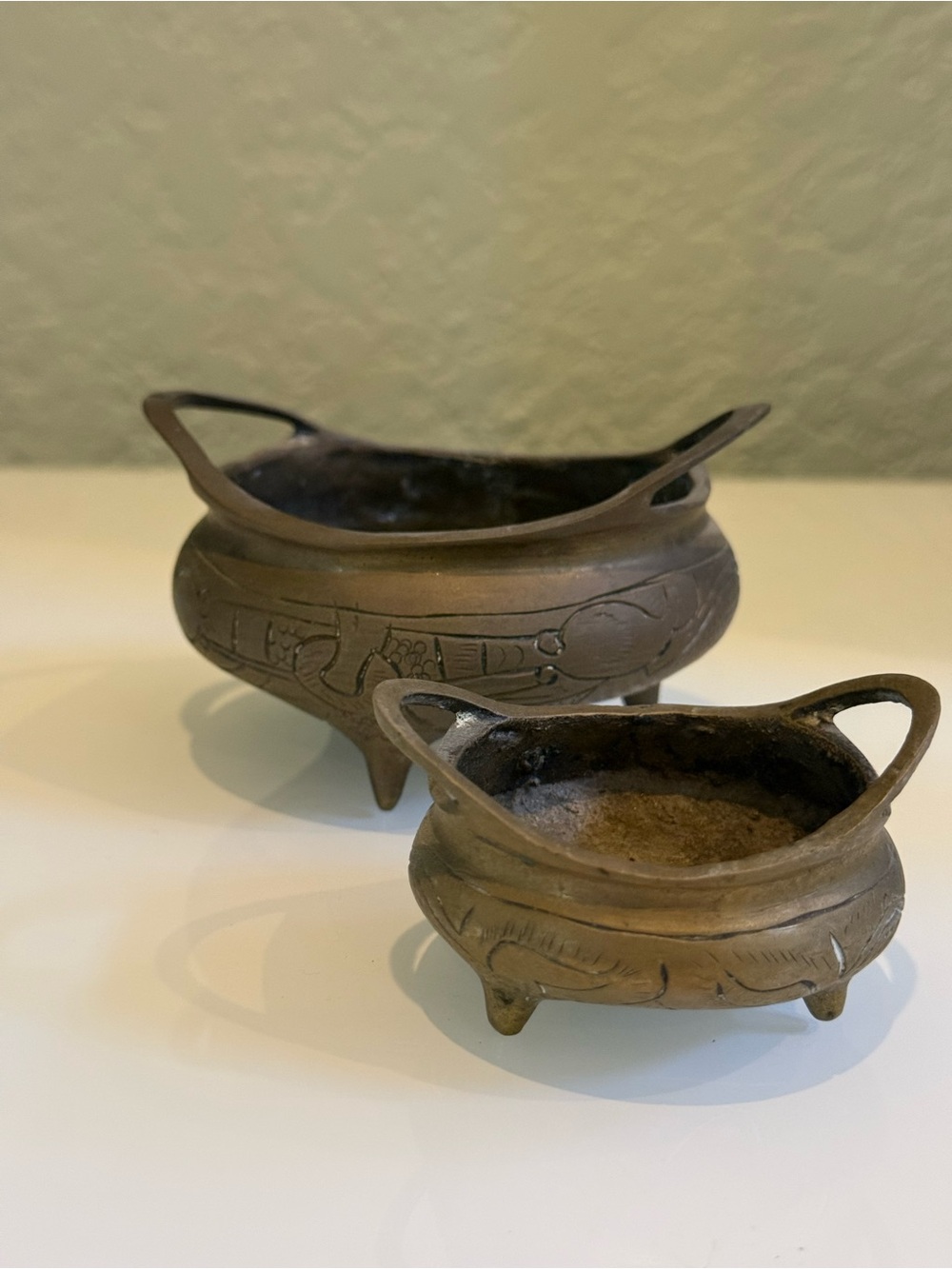 AntiqueChinese Bronze Mini Censer Dragon Incense Burner  set of two Small &big